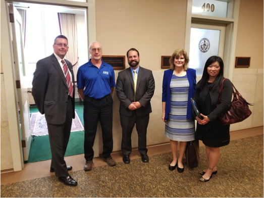 One of the PA ASCE Legislative teams before a meeting with an elected official. (L to R, Greg Scott Pittsburgh; Dion Campbell and David Wieller, Lehigh Valley; Kerry Henneberger, Central PA; and Edwina Lam, Philadelphia) 